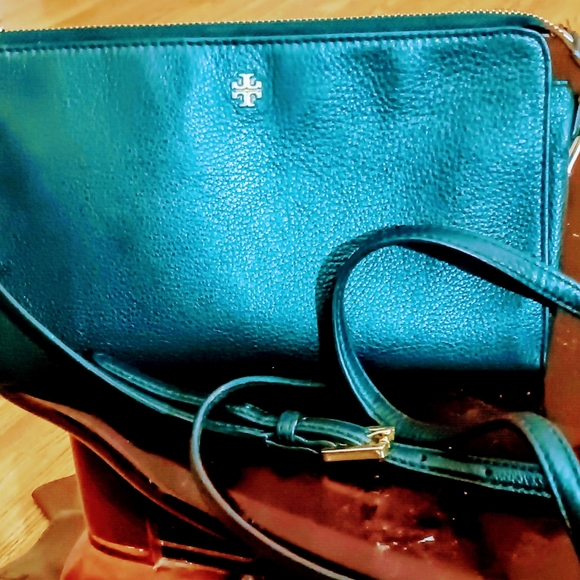 Tory Burch Black Leather Cross body Purse with brass buckle adjustable strap. - Picture 14 of 16